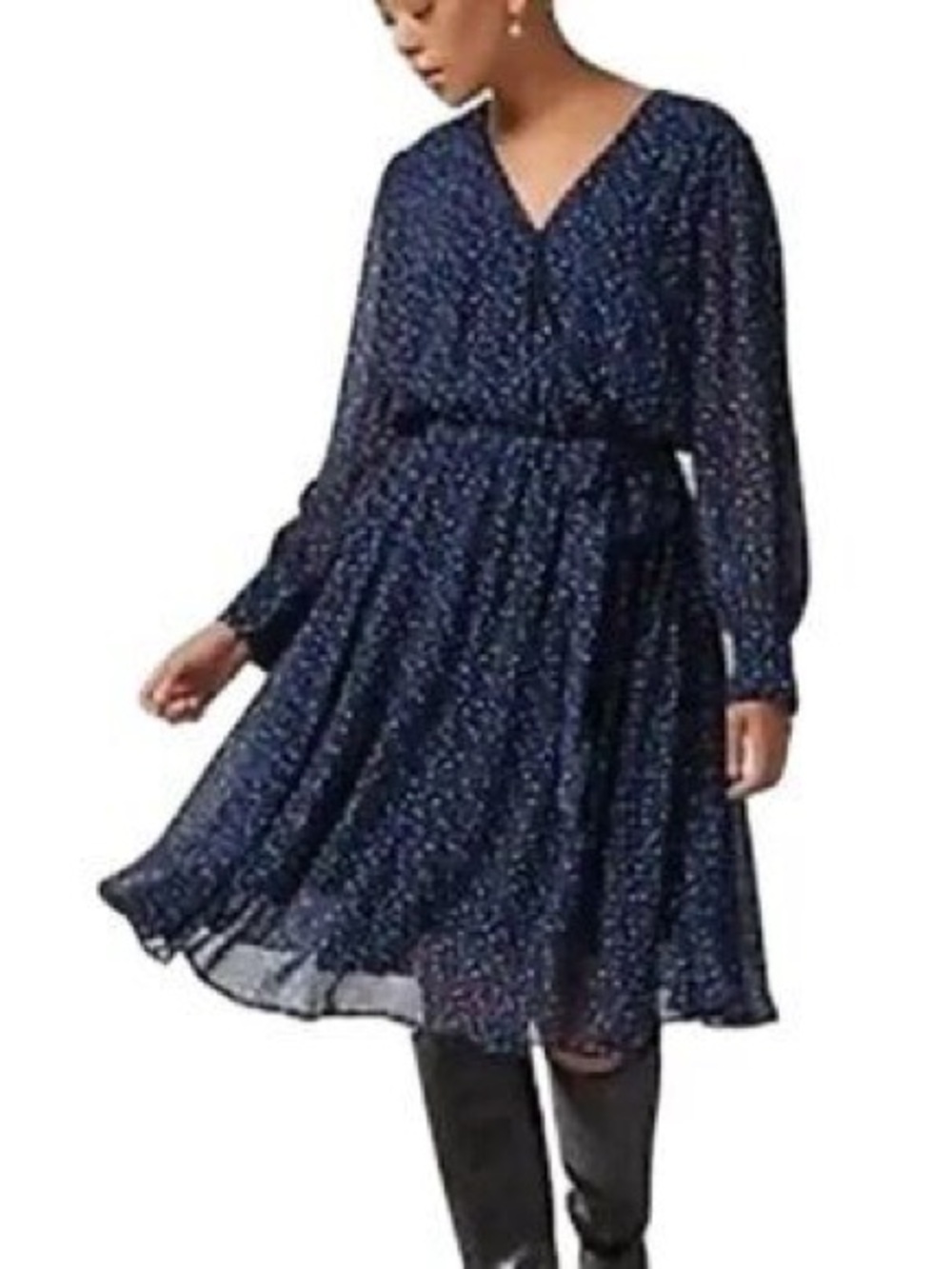 Jason Wu navy blue polka dot chiffon flowy midi dress long sleeve v-neck size L